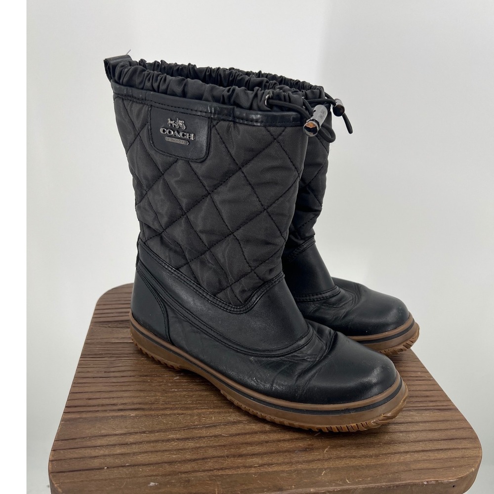 Coach Samara Black Leather Quilted Nylon Winter Snow‎ Boots A9175 Womens 6B